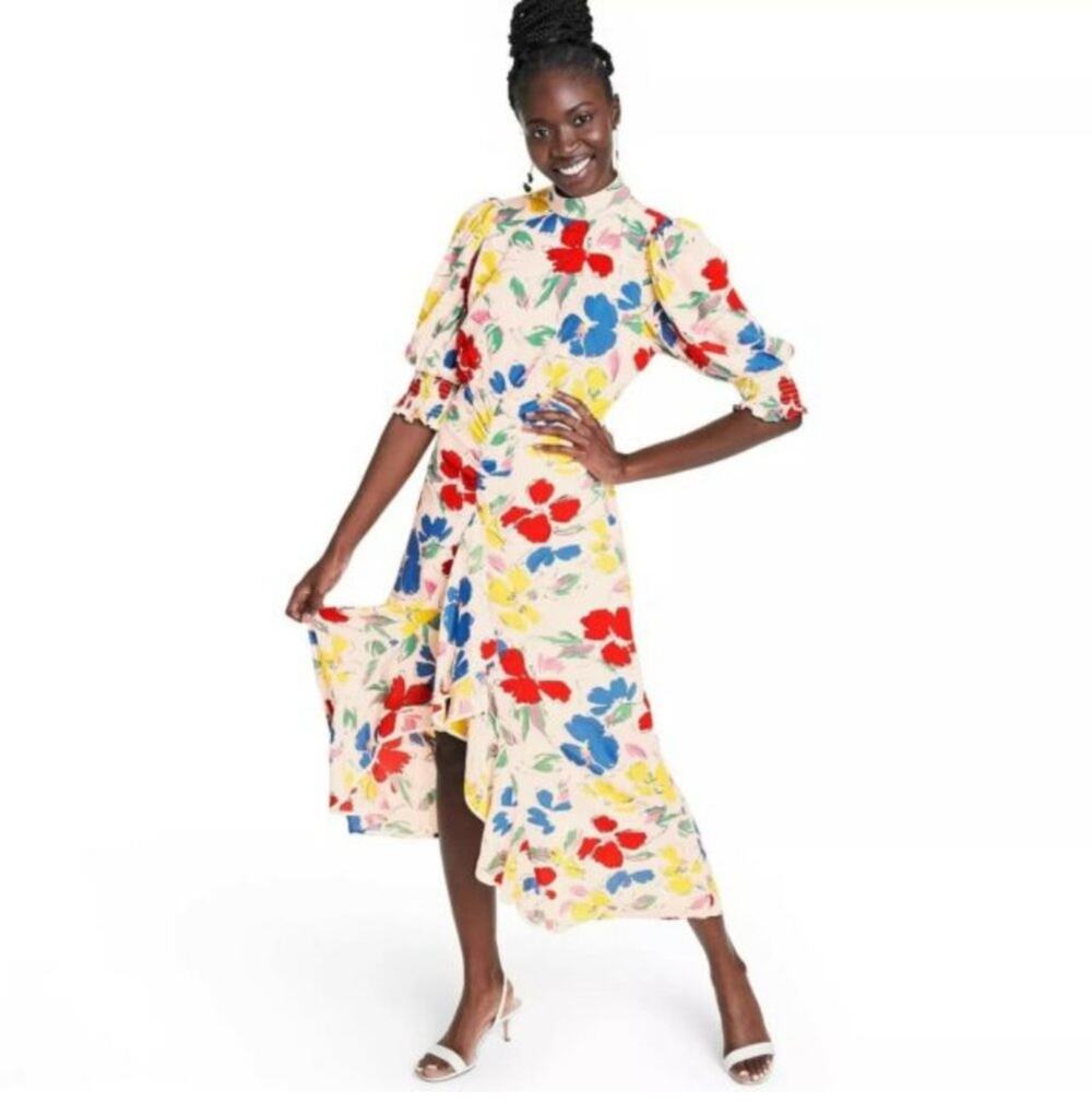 Rixo Target Abstract Floral Mock Neck Ruffle Midi Dress Size 8 Multicolored